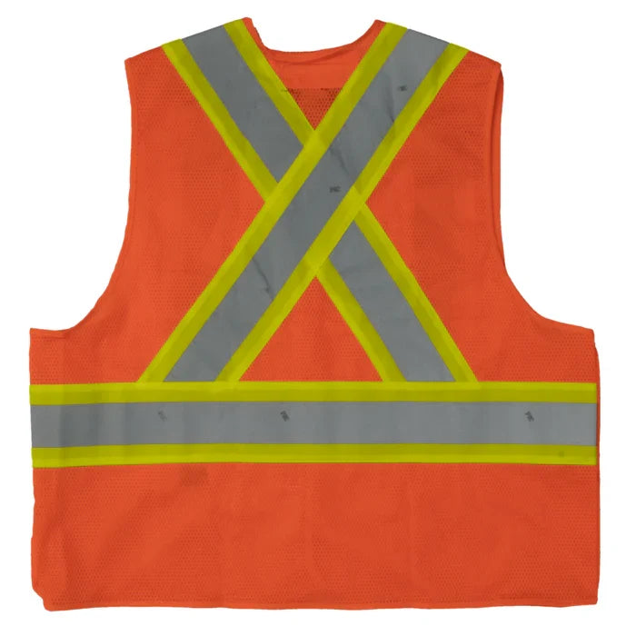 Tough Duck ANSI Class 2 tearaway safety vest in orange, back view showing the X reflective pattern