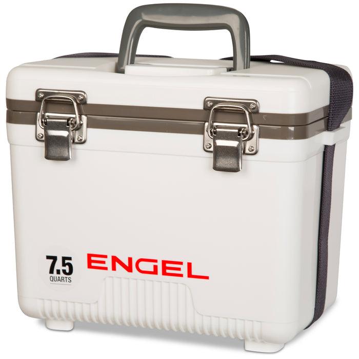 Engel 7.5 quart white drybox cooler shown closed at an angle