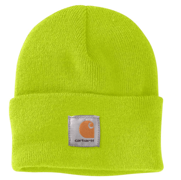 Carhartt A18 knit cuffed beanie in high visibility bright lime acrylic knit