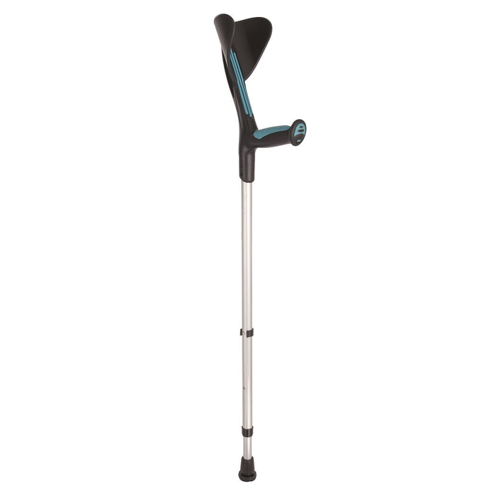 Advance Elbow Crutch: single elbow crutch on a plain background with an ergonomic handle, adjustable height and open cuff.
