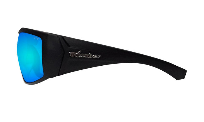 Bomber Ahi Bomb ice blue mirror safety sunglasses with the included head strap