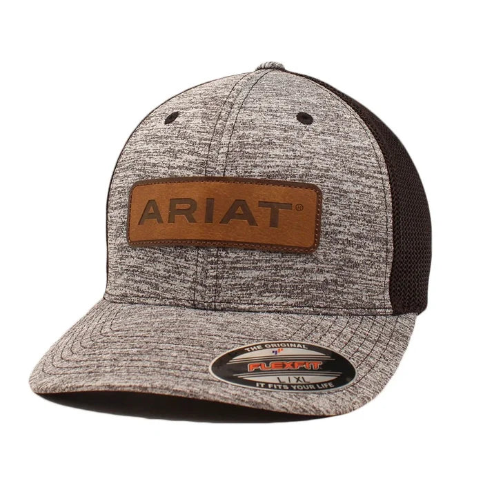 Ariat men's heather snapback cap in black and grey with leather logo patch