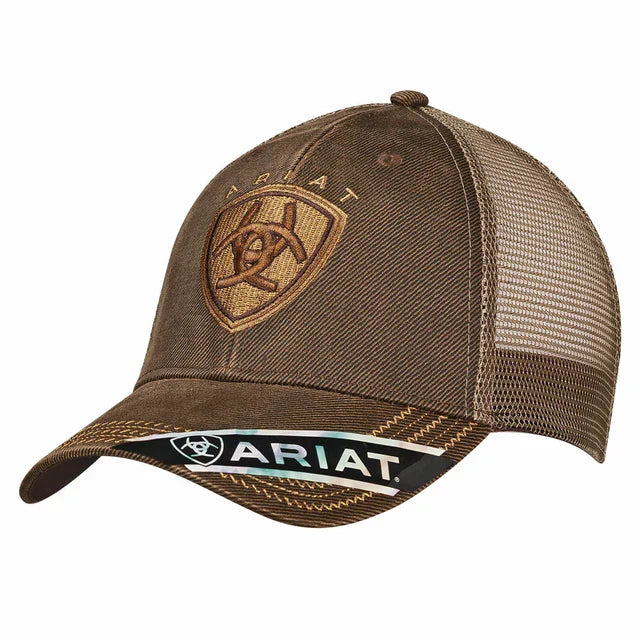 Ariat oilskin mesh back trucker cap in brown with embroidered logo patch