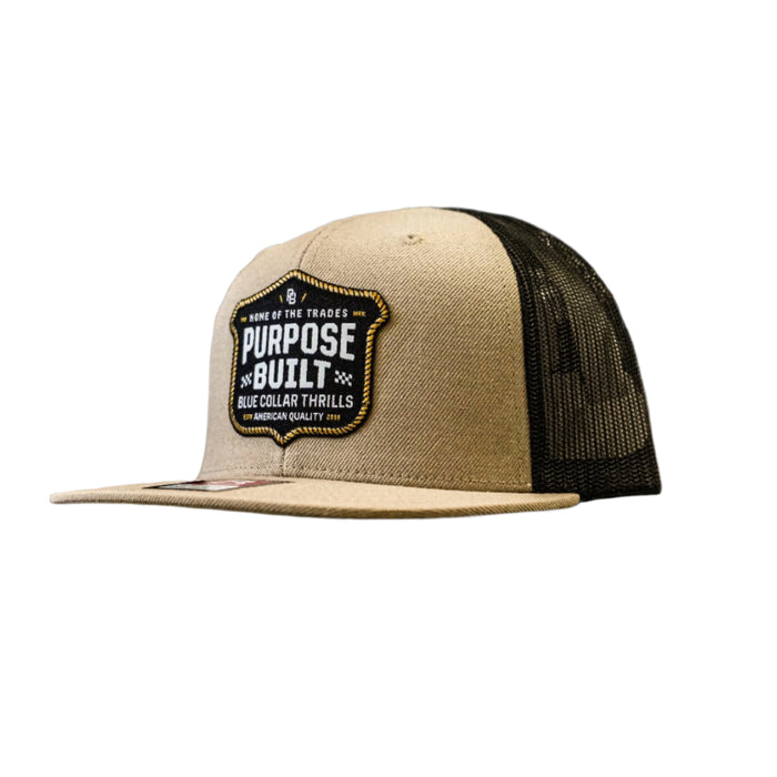 Purpose-Built Blue Collar Thrills snapback hat in khaki and black