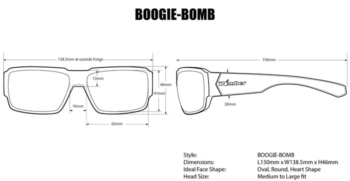 Dimensions diagram for the Bomber Boogie Bomb safety sunglasses frame and lens sizing