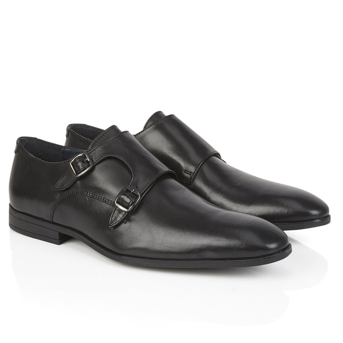 Bourne Leather Double Monk Strap Shoes - Black