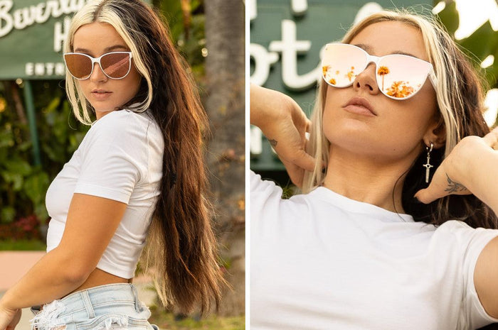 Heat Wave Visual Carat white and rose gold sunglasses worn in a lifestyle setting