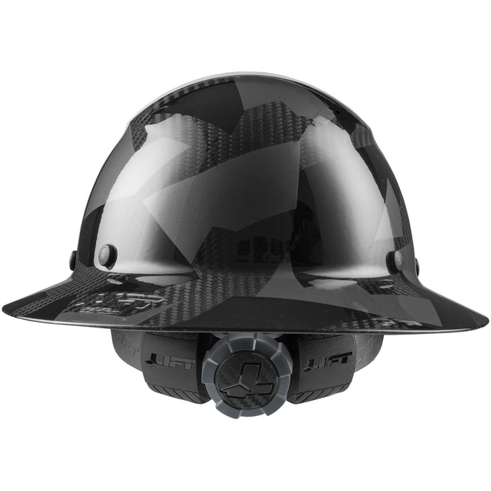 Lift Safety DAX FIFTY50 carbon fiber hard hat in camo, view of the 6 point suspension