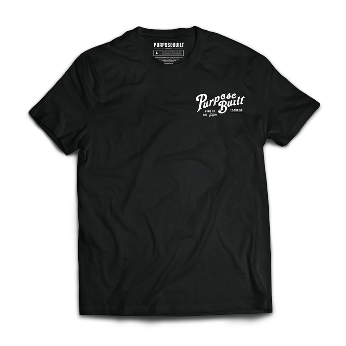 Purpose-Built Death to Cancer tee in black, back view of the print