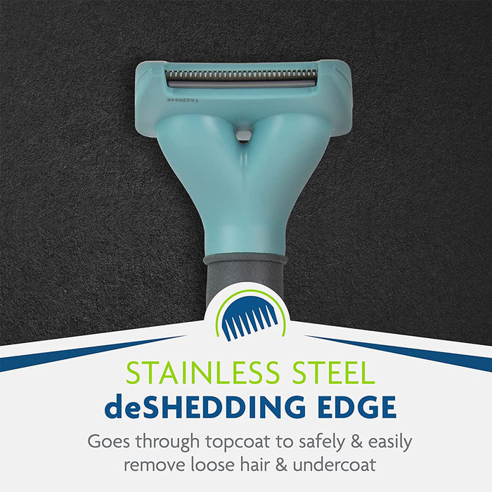 Deshed Tool stainless steel edge goes through topcoat to safely and easily remove loose hair and undercoat.