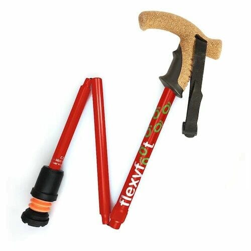 Full view of Flexyfoot Premium Cork Handle Walking Stick walking stick on a plain background, showing its handle, shaft and ferrule.