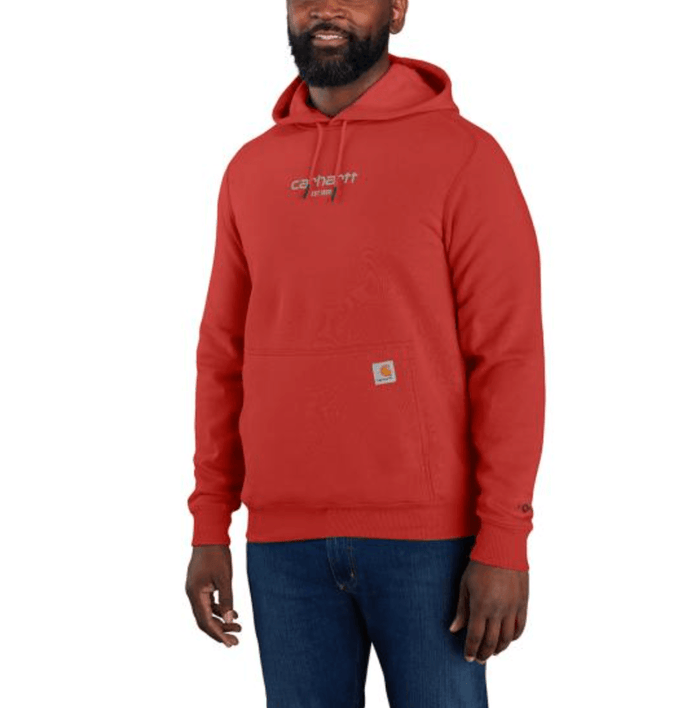 Carhartt Force lightweight logo graphic hoodie in red barn with drawstring hood, big and tall sizing