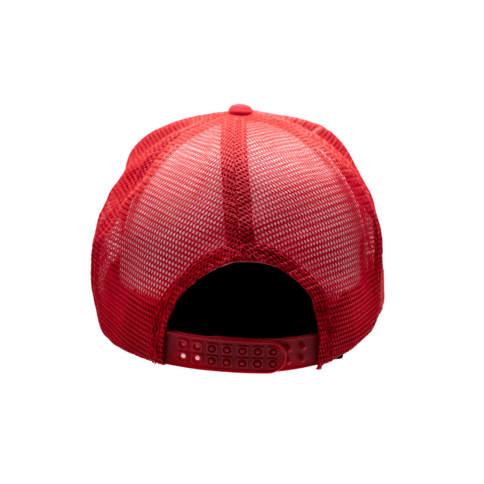 Purpose-Built Freightline trucker hat in red, back view of the mesh and snap closure