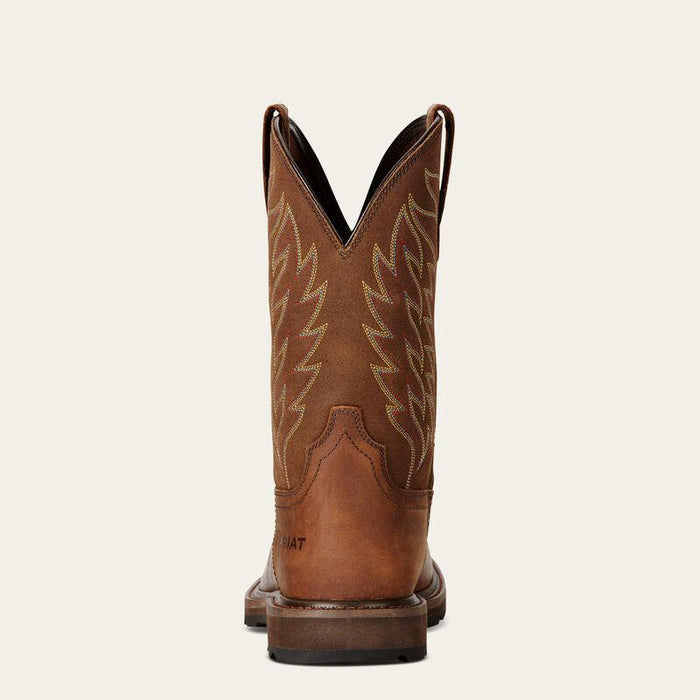 Heel view of the Ariat Groundbreaker wellington work boot in brown full grain leather