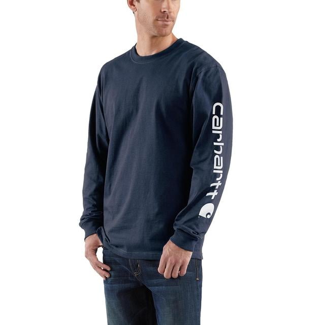 Carhartt K231 loose fit heavyweight long-sleeve logo sleeve graphic t-shirt in navy with white logo