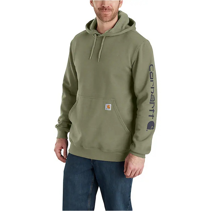 Carhartt K288 loose fit midweight logo sleeve graphic hoodie in dusty olive with navy logo