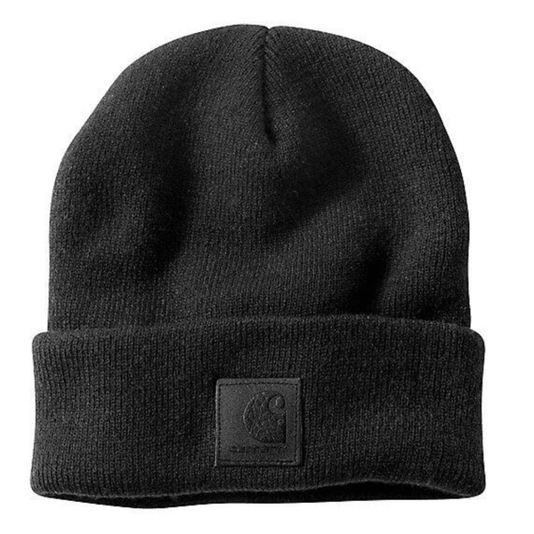Carhartt knit beanie in black, ribbed cuffed watch cap shown on a plain background
