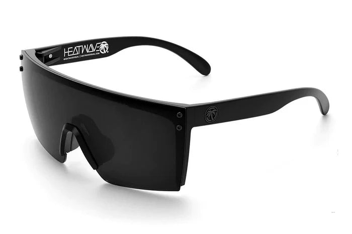 Angled view of the Heat Wave Lazer Face Z87 safety sunglasses, black frame anti-fog lens