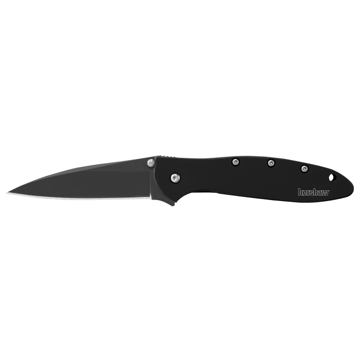 Kershaw Leek folding pocket knife in black, profile view of the slim blade and handle