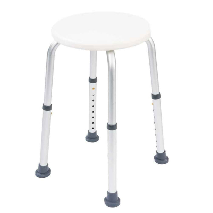 Close-up of a leg on NRS Economy Shower Stool shower stool, showing the height adjustment holes and rubber ferrule.