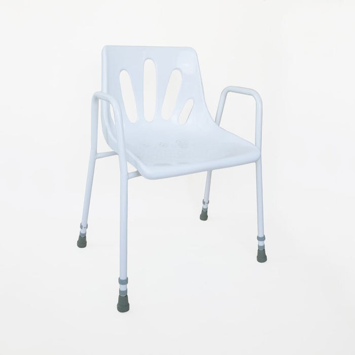 Close-up of a leg on NRS Stackable Adjustable Shower Chair, highlighting the height adjustment mechanism and non-slip rubber ferrule.