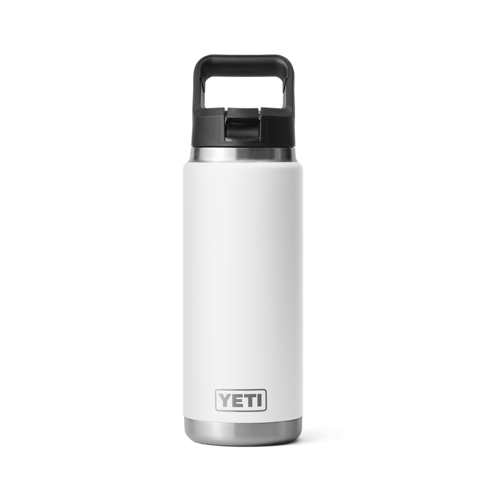 YETI Rambler 26 oz insulated water bottle in white with Straw Cap, front view