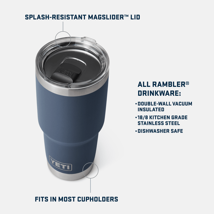 Specifications panel for the black YETI Rambler 30 oz tumbler showing dimensions and capacity