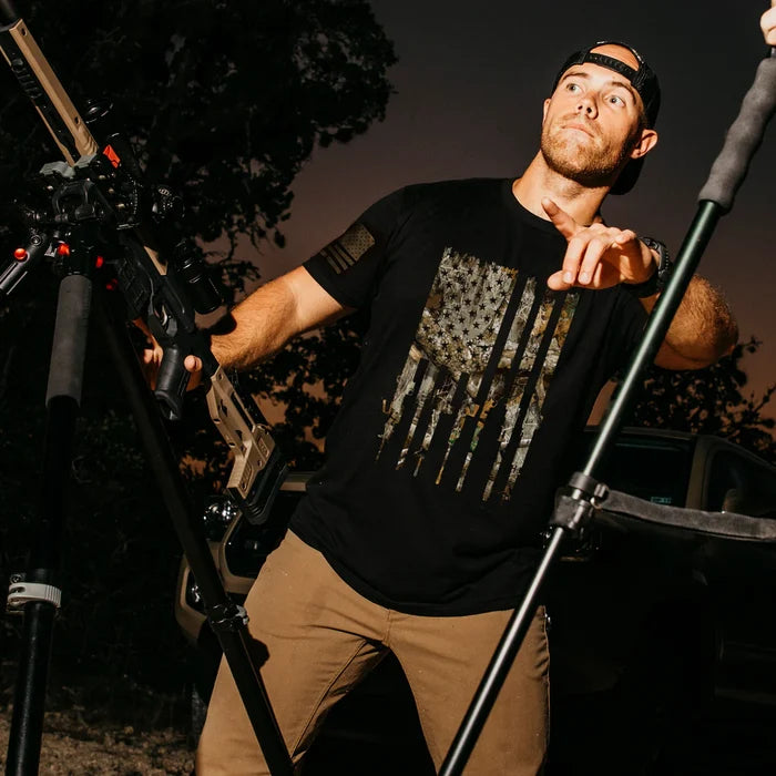 Grunt Style Realtree Edge rifle flag tee in black shown on a model