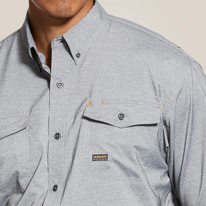 Ariat Rebar VentTEK DuraStretch work shirt in charcoal heather, detail view of venting