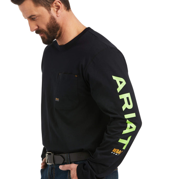 Ariat Rebar Workman logo long sleeve work tee in black and lime, detail product view