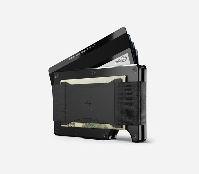 Ridge aluminum wallet in Royal Black with cash strap and RFID blocking card plates