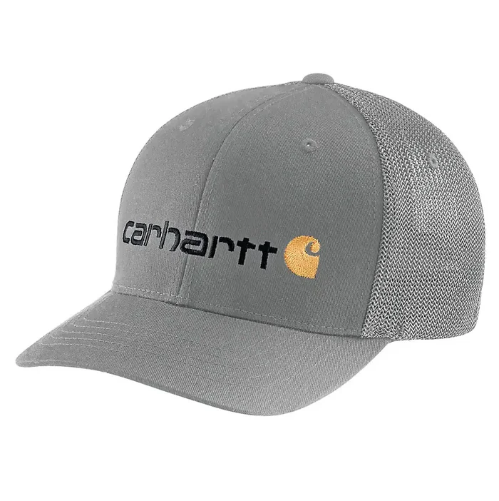 Carhartt Rugged Flex mesh back logo graphic cap in asphalt, fitted sizing work cap