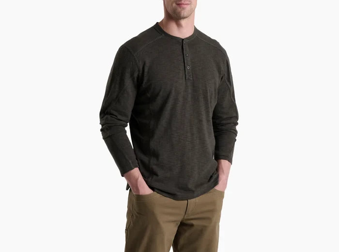 Kuhl Rukus long sleeve henley shirt in carbon, front view