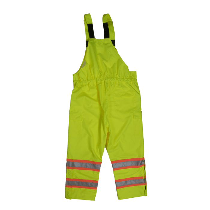 Tough Duck safety rain bib overall in fluorescent green, back view of the reflective striping