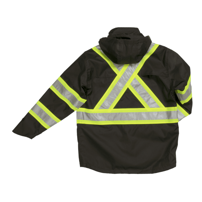 Tough Duck safety rain jacket in black, extended sizing, back view