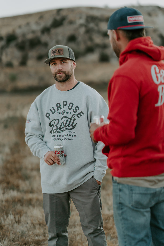 Purpose-Built script crewneck in grey shown worn