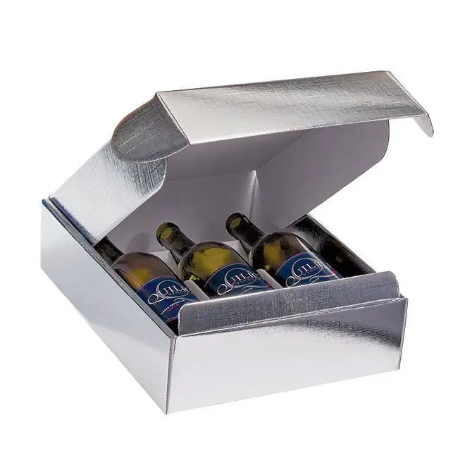 Seta Argento - 3 Bottle Box - Silver Linen Foil Embossed 11 x 3-1/2 x 13-3/8 30/ctn - Mac Paper Supply
