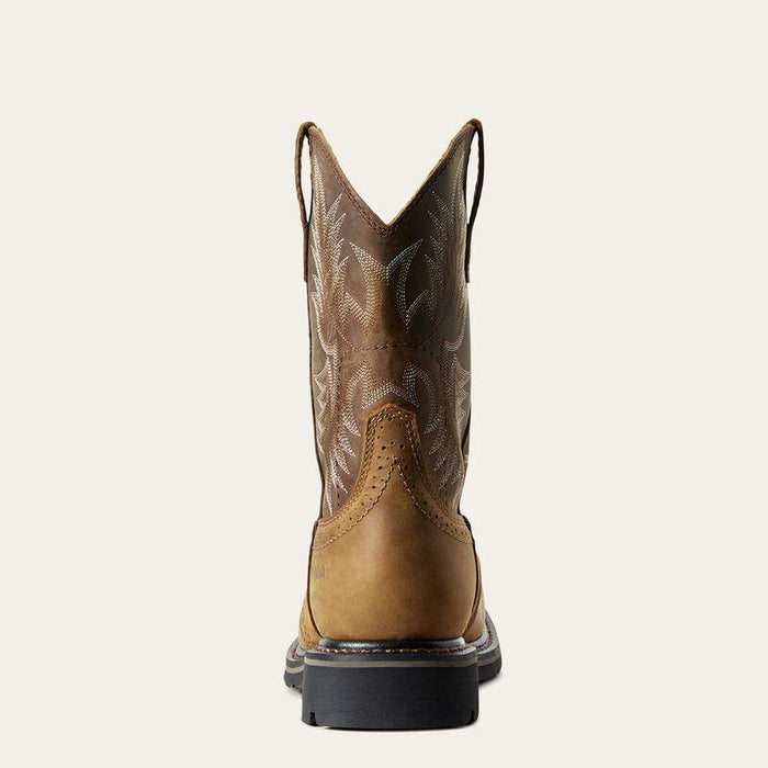 Heel view of the Ariat Sierra 11-inch pull-on work boot in aged bark full grain leather