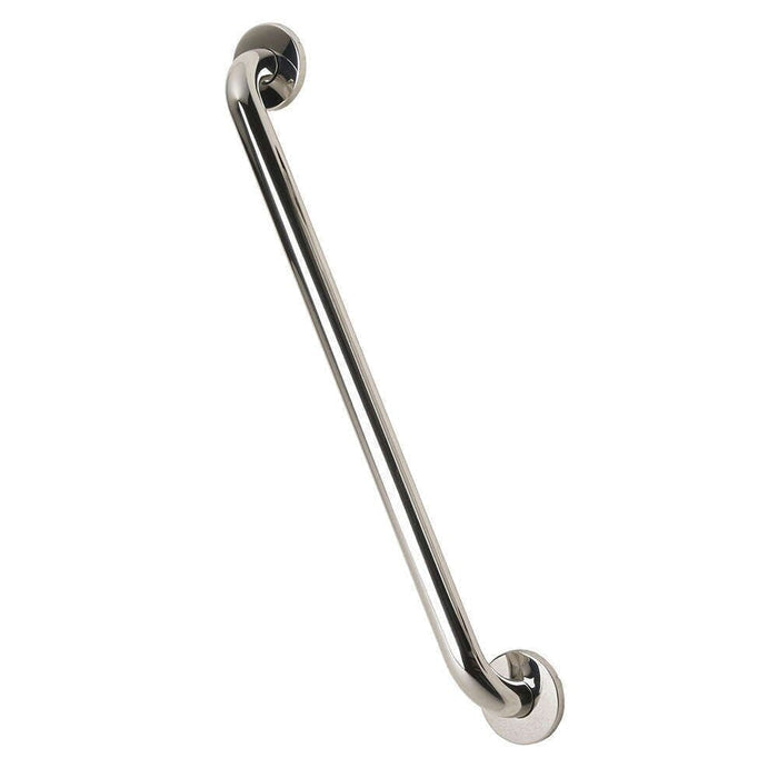 Full view of Stainless Steel Grab Rail grab rail with circular wall plates and a textured grip, designed to provide support in bathrooms and other areas.