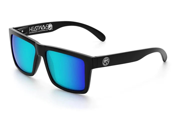 Angled view of the Heat Wave Vise Z87 sunglasses with Galaxy Blue mirror lens