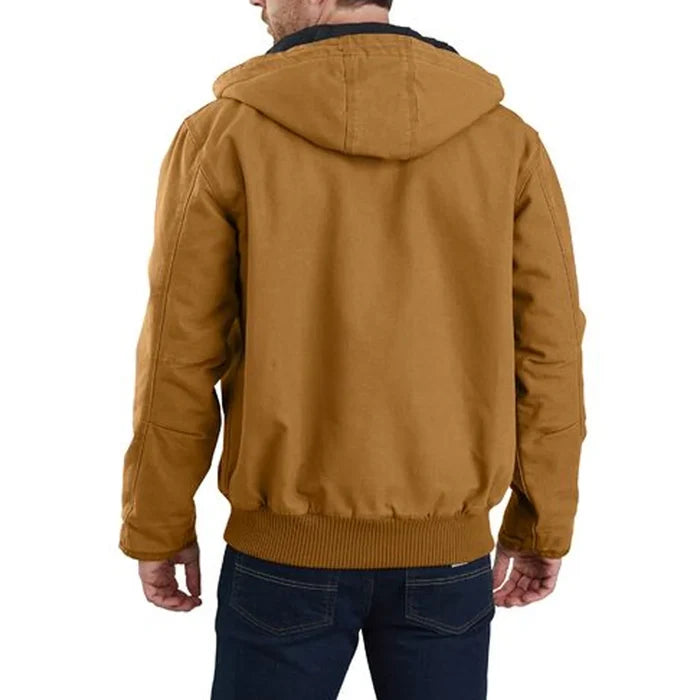Back view of the Carhartt washed duck insulated active jacket in Carhartt brown hood