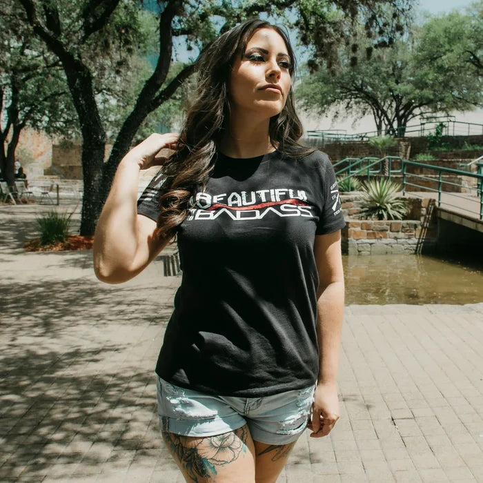 Grunt Style women's Beautiful Badass tee in black shown on a model