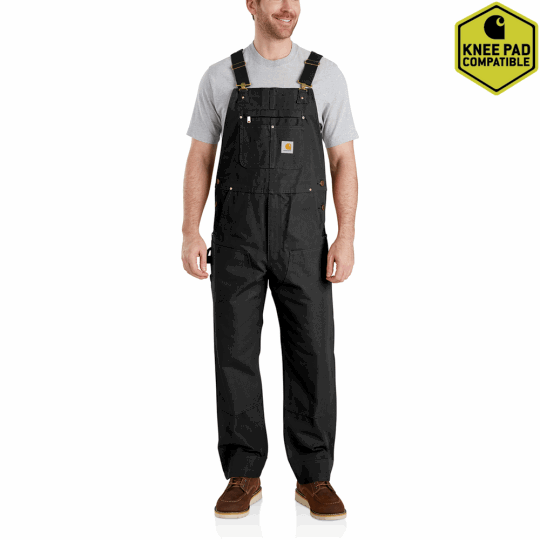 Carhartt duck canvas bib overalls in black, available in extended waist and length sizes