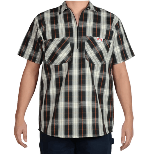 Ben Davis half-zip short-sleeve work shirt in black and cream plaid, big and tall sizing
