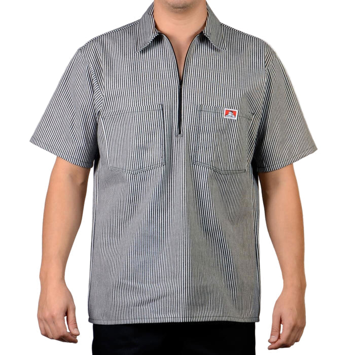 Ben Davis half-zip short-sleeve striped work shirt in black with chest pocket, big and tall sizing