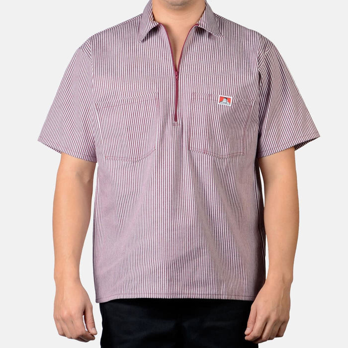 Ben Davis half-zip short-sleeve striped work shirt in burgundy, big and tall sizing