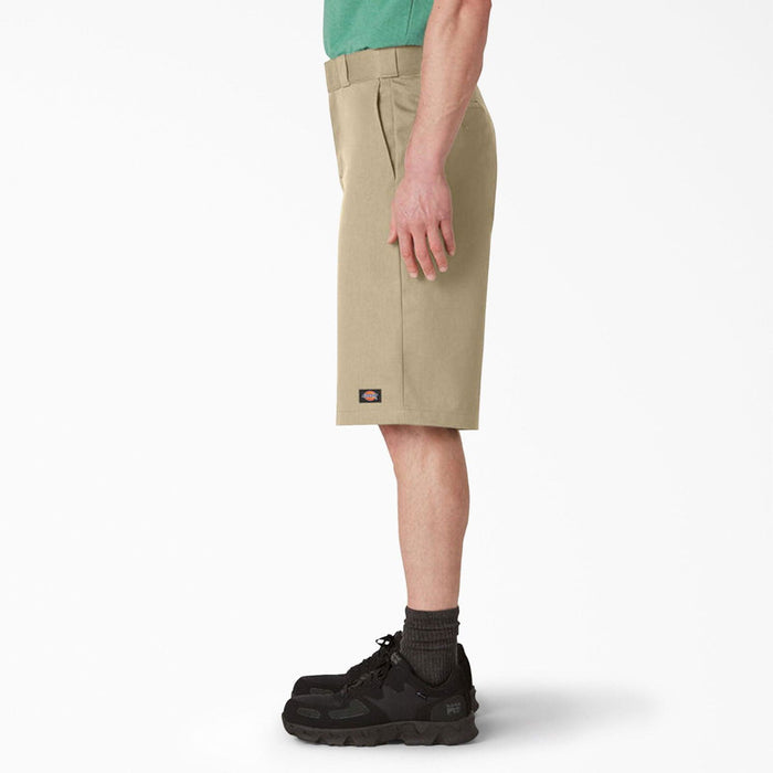 Dickies khaki work short with multi-use tool pockets and reinforced stitching