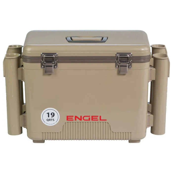 Engel 19 quart drybox cooler with rod holders in tan, front view with the lid closed