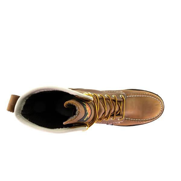 Side view of the Thorogood 1957 Series 8-inch waterproof moc toe boot in full grain leather
