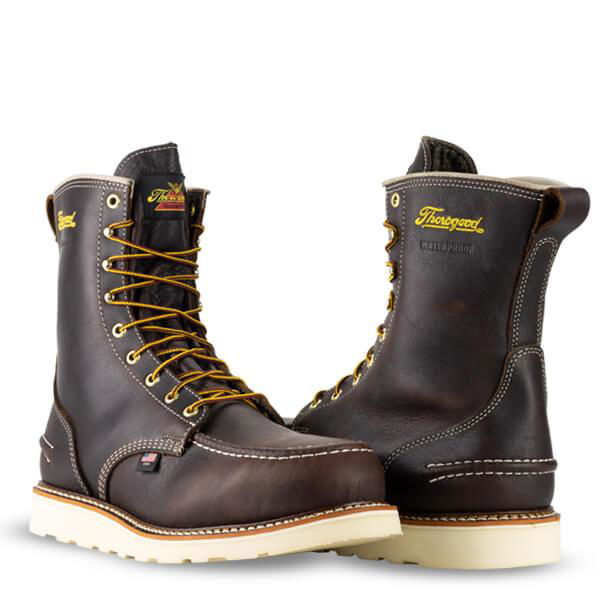 Side view of the Thorogood 1957 Series 8-inch waterproof moc toe boot with MAXwear wedge